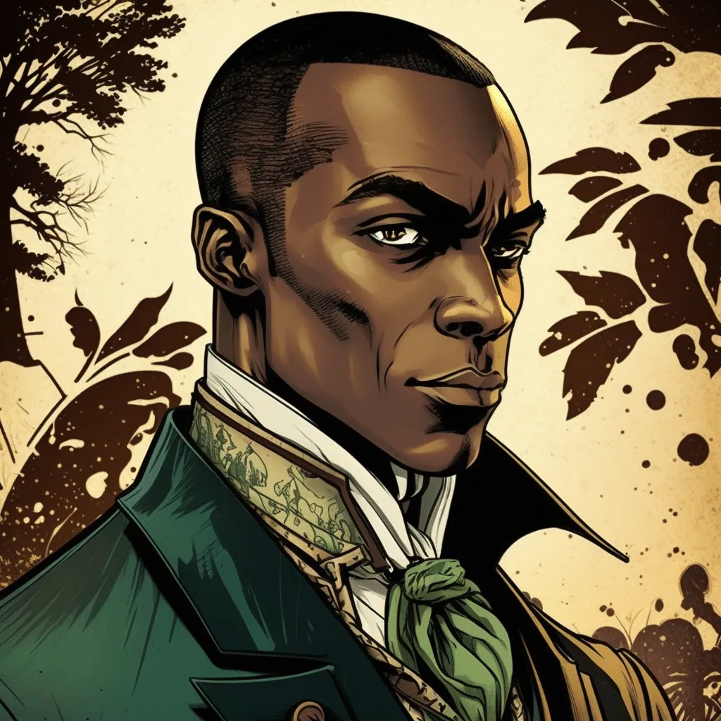 Illustrated portrait of Aaron Burr in period military coat and cravat, representing his threshold-guardian role in Hamilton.