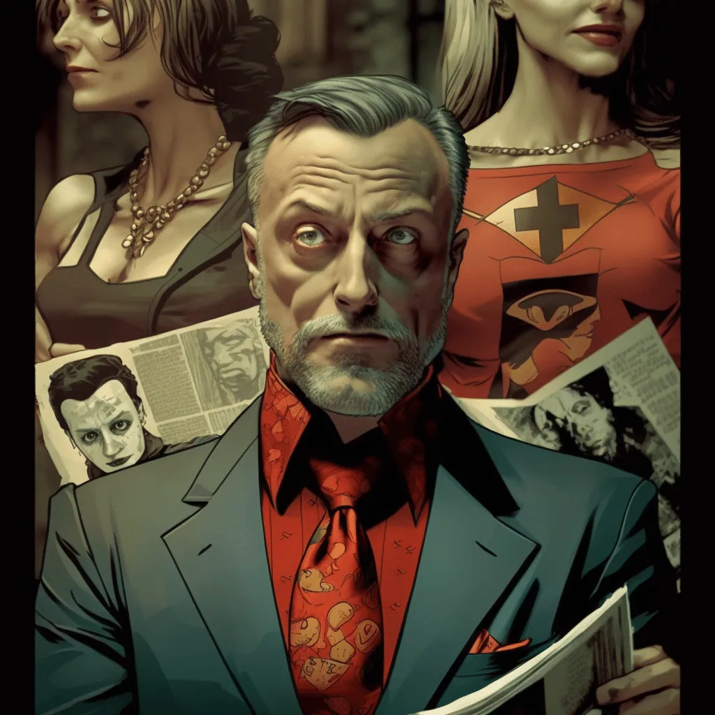 Illustrated crime-boss figure in a suit flanked by two women, with newspaper clippings behind him, representing a villain's assassin team.