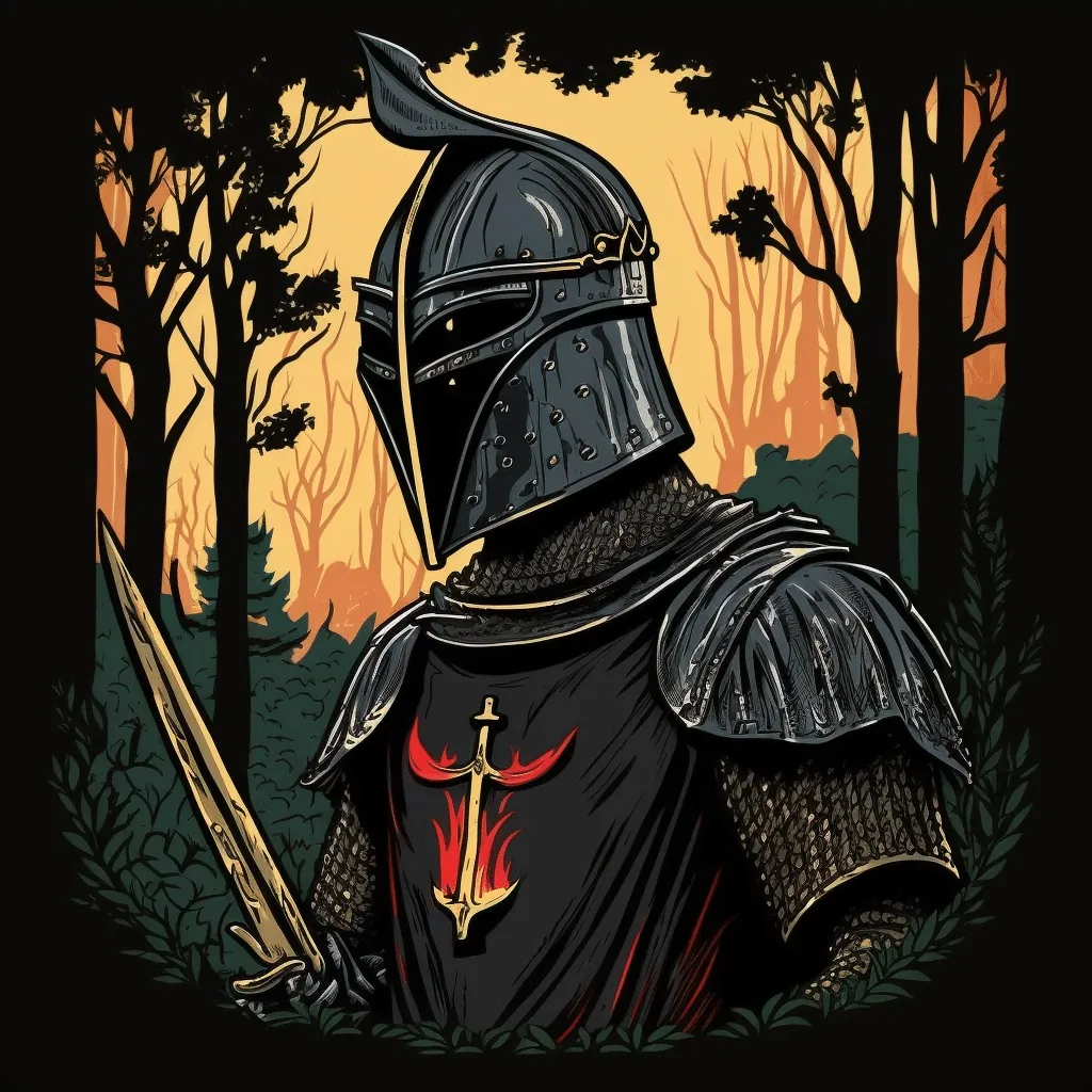 Illustrated armored black knight holding a sword in a forest, representing the Black Knight threshold guardian archetype.