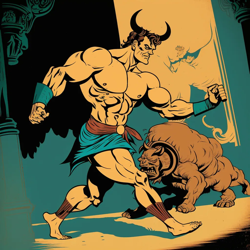 Comic-style illustration of Theseus grappling the horned Minotaur inside a labyrinth of columns.