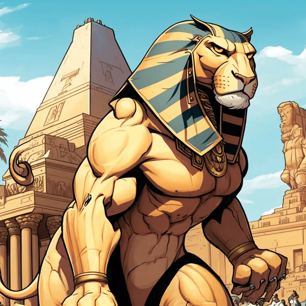 Comic-style illustration of a muscular, humanoid Sphinx in a pharaoh's headdress standing before Egyptian pyramids.