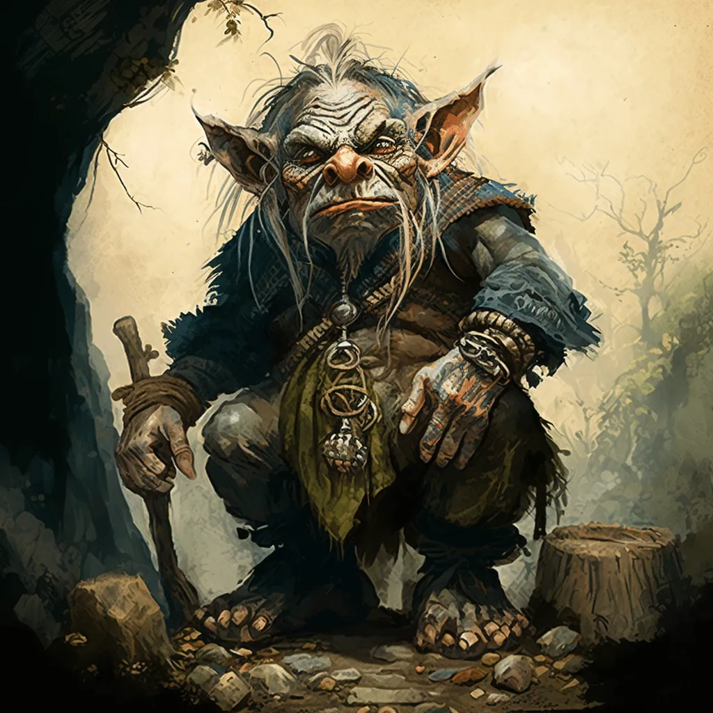 Illustration of a hunched, elderly troll crouching with a walking stick outside a cave entrance in the woods.