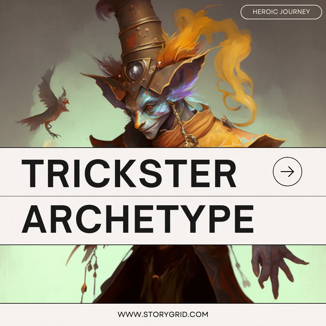 Illustrated fantasy trickster figure with a bird companion, title art for an article on the trickster archetype.