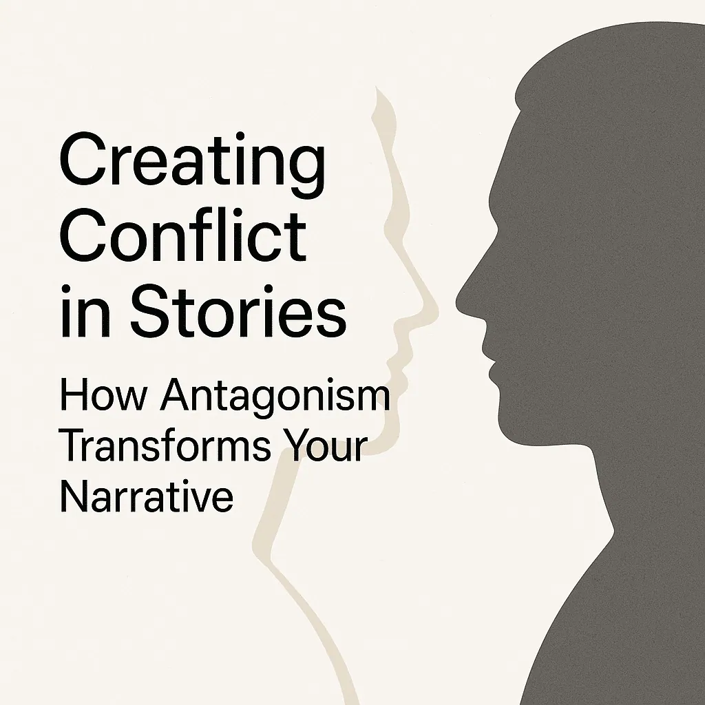 Title graphic 'Creating Conflict in Stories: How Antagonism Transforms Your Narrative,' with two overlapping face silhouettes shown in profile, facing each other.