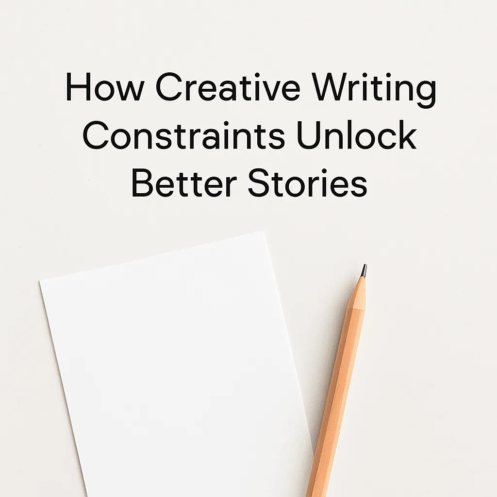 Title graphic 'How Creative Writing Constraints Unlock Better Stories,' with a pencil resting on a blank sheet of paper.