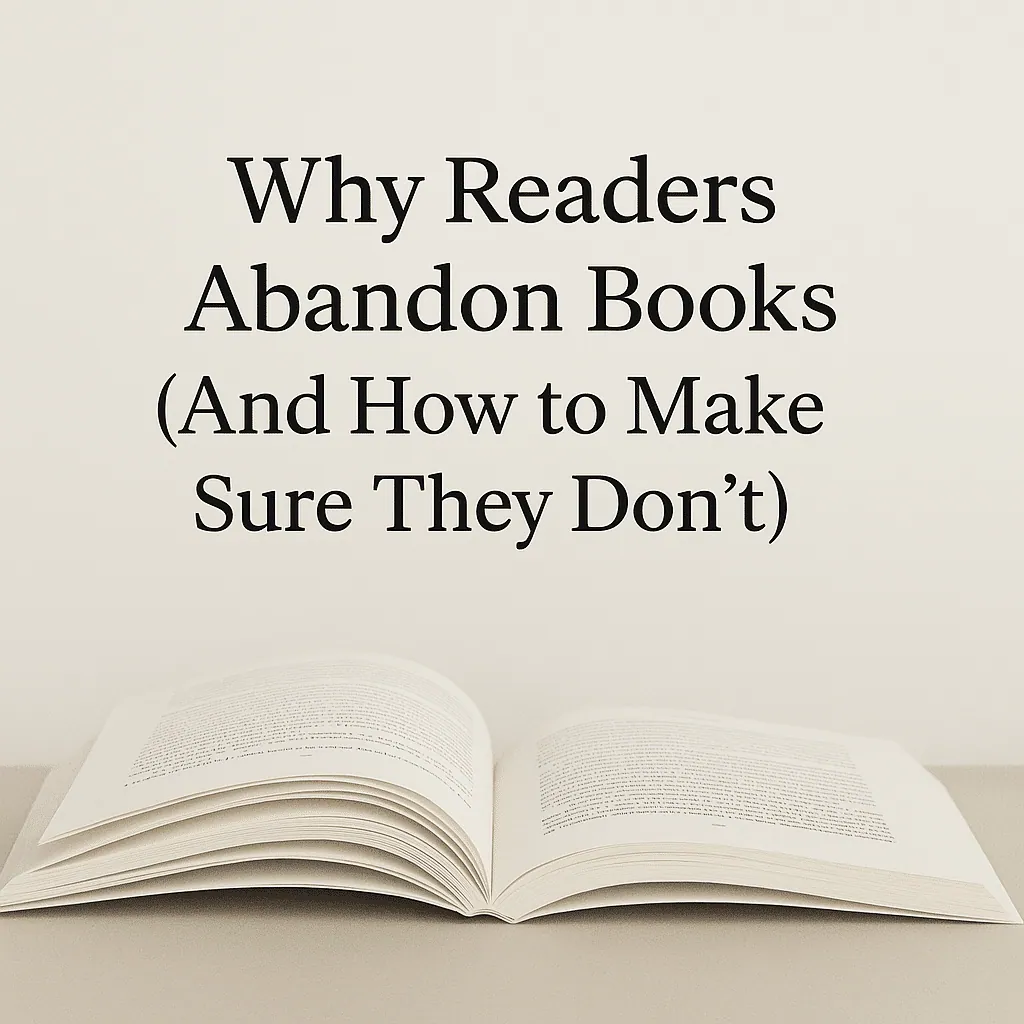 Title graphic "Why Readers Abandon Books (And How to Make Sure They Don't)" over a photo of an open book.