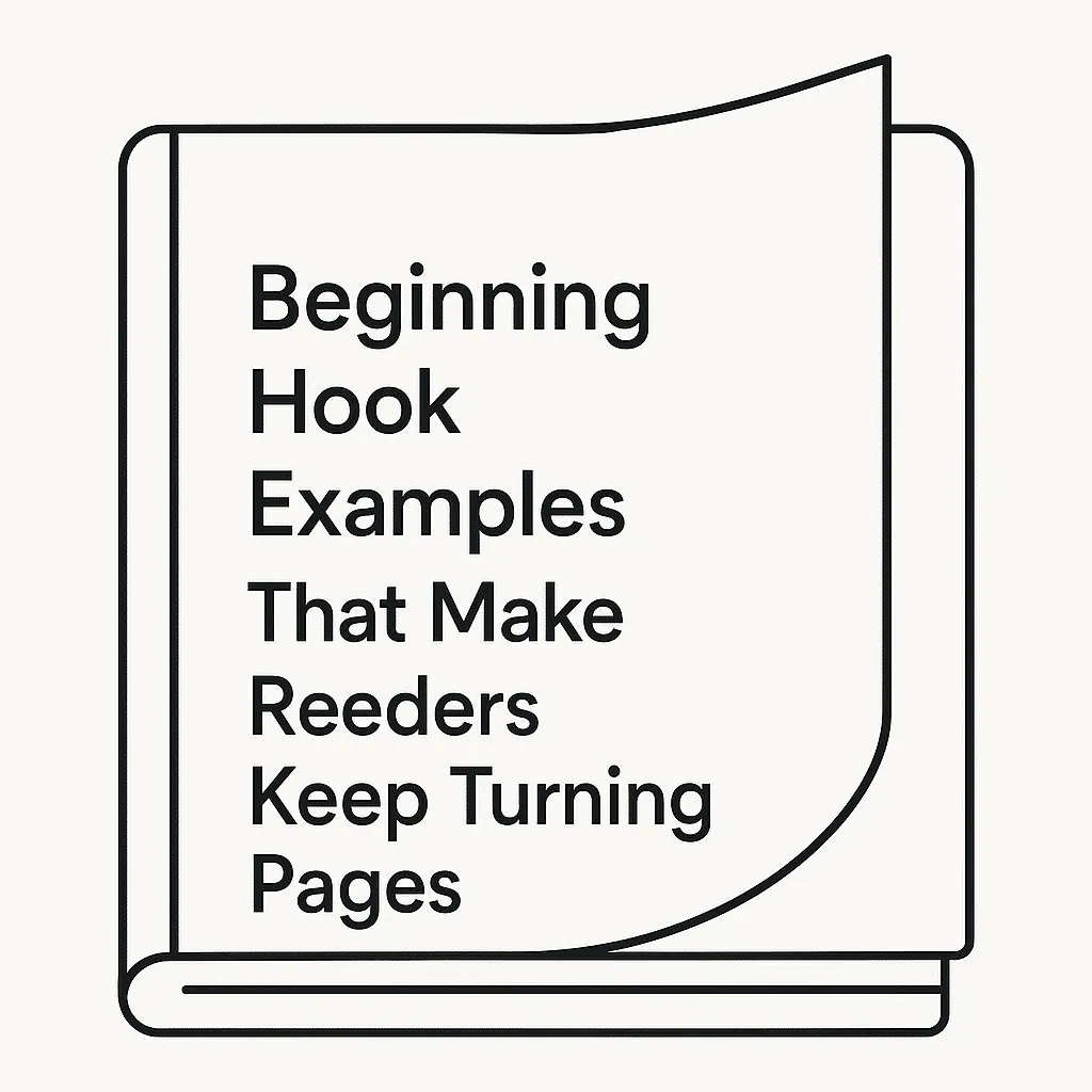 Illustration of an open book with the title text 'Beginning Hook Examples That Make Readers Keep Turning Pages.'