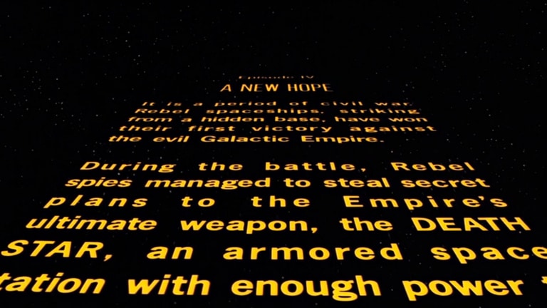 A screen capture of the opening crawl of Star Wars 1977, yellow text on a black background explaining the backstory of the movie.